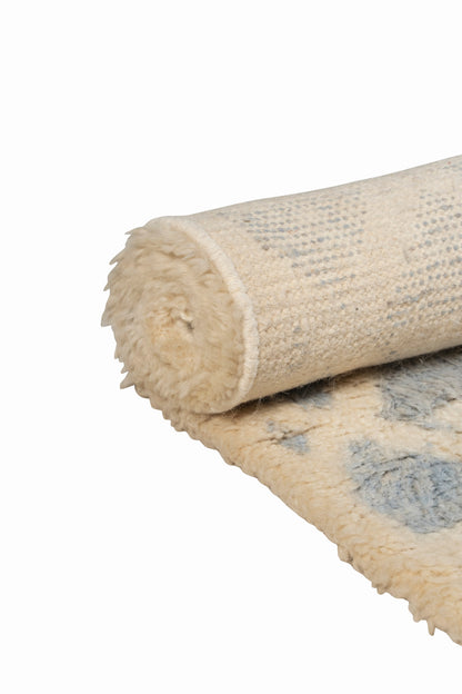 Hand Knotted Moroccan Wool Rug – Cream and Blue Geometric Shag Area Rug