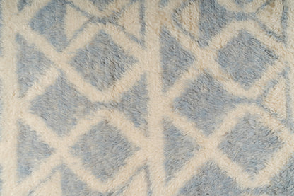 Hand Knotted Moroccan Wool Rug – Cream and Blue Geometric Shag Area Rug