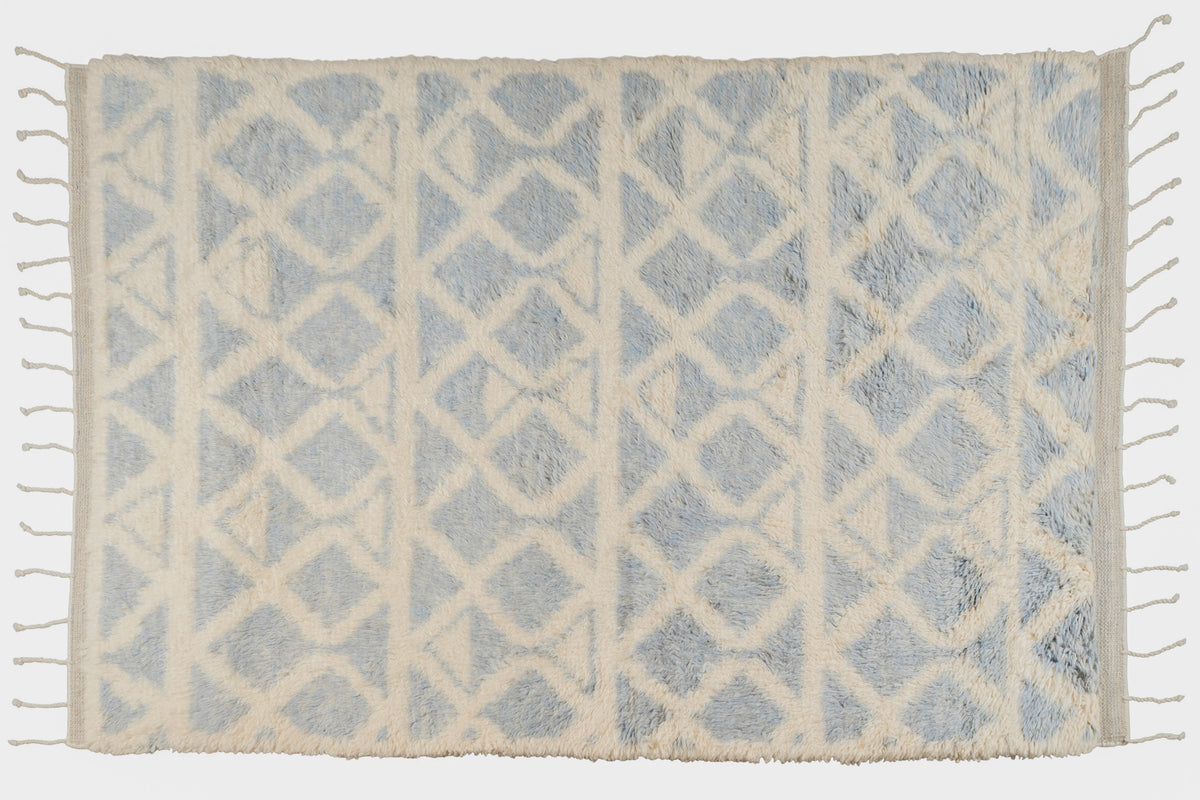 Hand Knotted Moroccan Wool Rug – Cream and Blue Geometric Shag Area Rug