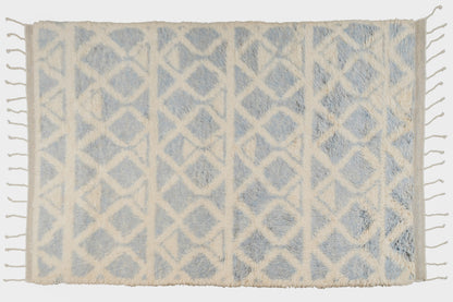 Hand Knotted Moroccan Wool Rug – Cream and Blue Geometric Shag Area Rug