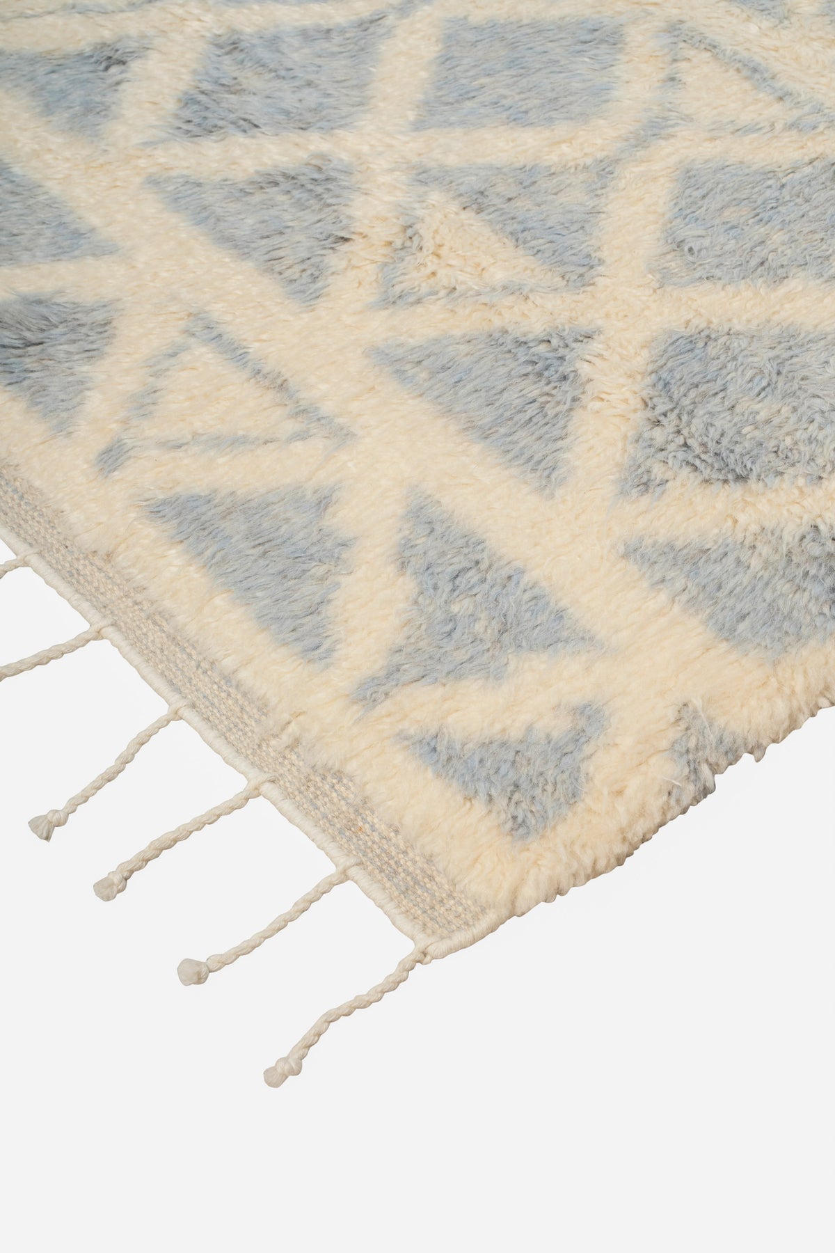 Hand Knotted Moroccan Wool Rug – Cream and Blue Geometric Shag Area Rug