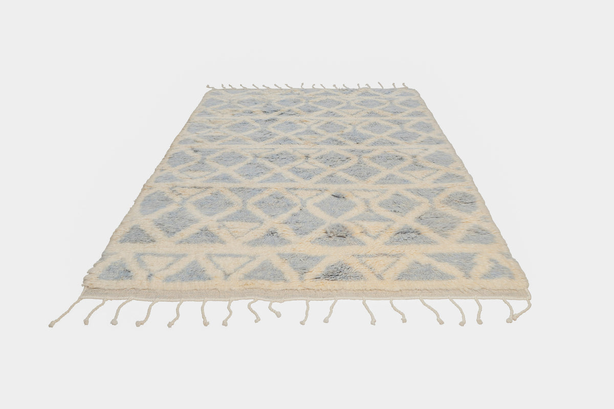 Hand Knotted Moroccan Wool Rug – Cream and Blue Geometric Shag Area Rug