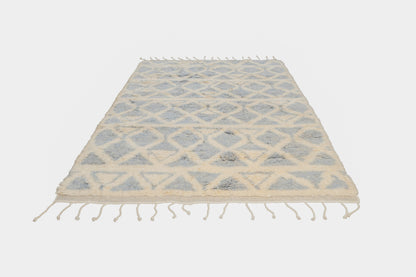 Hand Knotted Moroccan Wool Rug – Cream and Blue Geometric Shag Area Rug