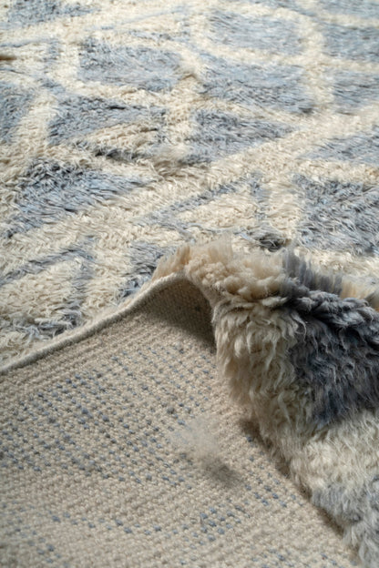 Hand Knotted Moroccan Wool Rug – Cream and Blue Geometric Shag Area Rug