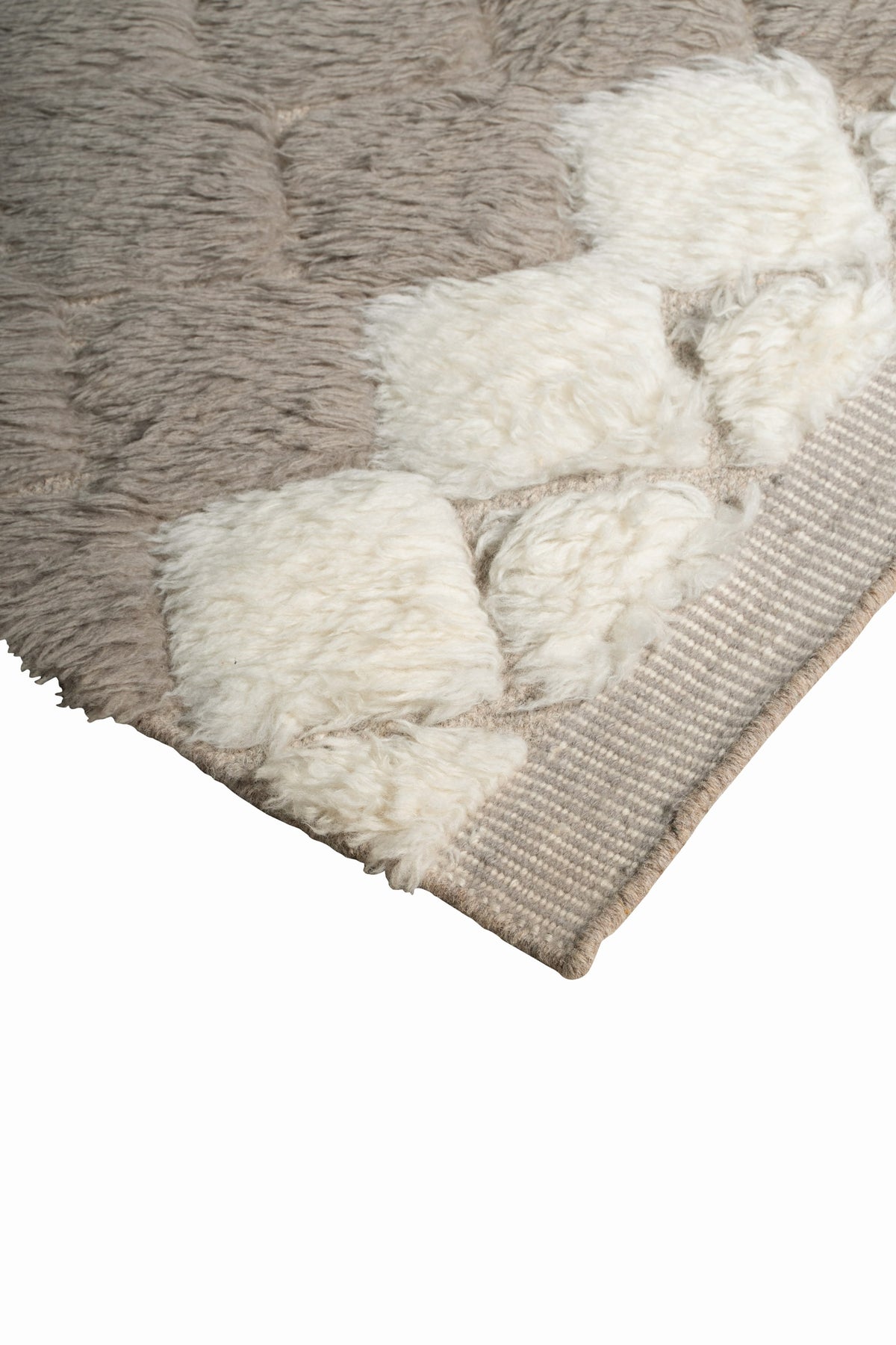 Handwoven Moroccan Style Wool Rug – Cream and Taupe Diamond Pattern Shaggy Area Rug