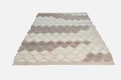 Handwoven Moroccan Style Wool Rug – Cream and Taupe Diamond Pattern Shaggy Area Rug