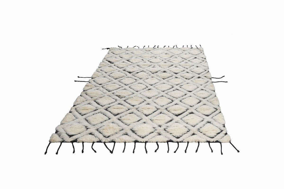 Hand Knotted Moroccan Wool Rug – Cream & Black Diamond Geometric Berber Rug, Plush Handmade Area Rug