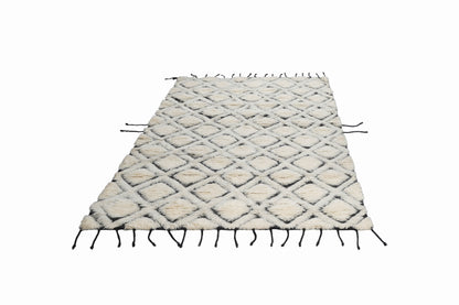 Hand Knotted Moroccan Wool Rug – Cream & Black Diamond Geometric Berber Rug, Plush Handmade Area Rug