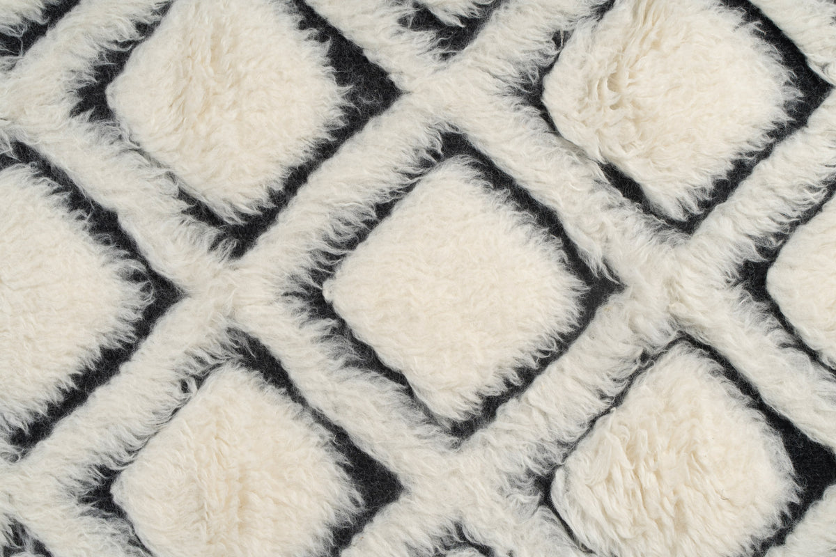 Hand Knotted Moroccan Wool Rug – Cream & Black Diamond Geometric Berber Rug, Plush Handmade Area Rug