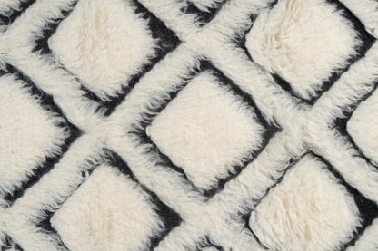 Hand Knotted Moroccan Wool Rug – Cream & Black Diamond Geometric Berber Rug, Plush Handmade Area Rug