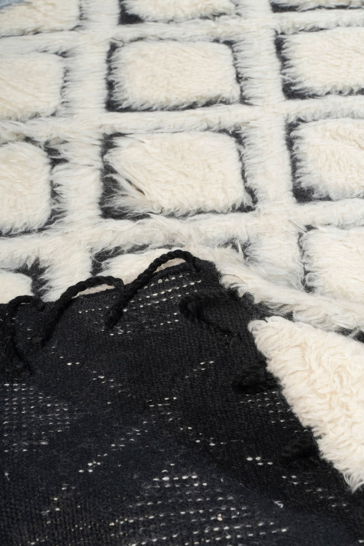 Hand Knotted Moroccan Wool Rug – Cream & Black Diamond Geometric Berber Rug, Plush Handmade Area Rug