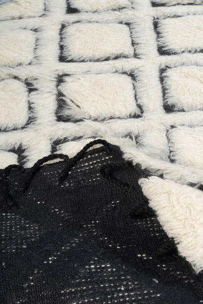 Hand Knotted Moroccan Wool Rug – Cream & Black Diamond Geometric Berber Rug, Plush Handmade Area Rug
