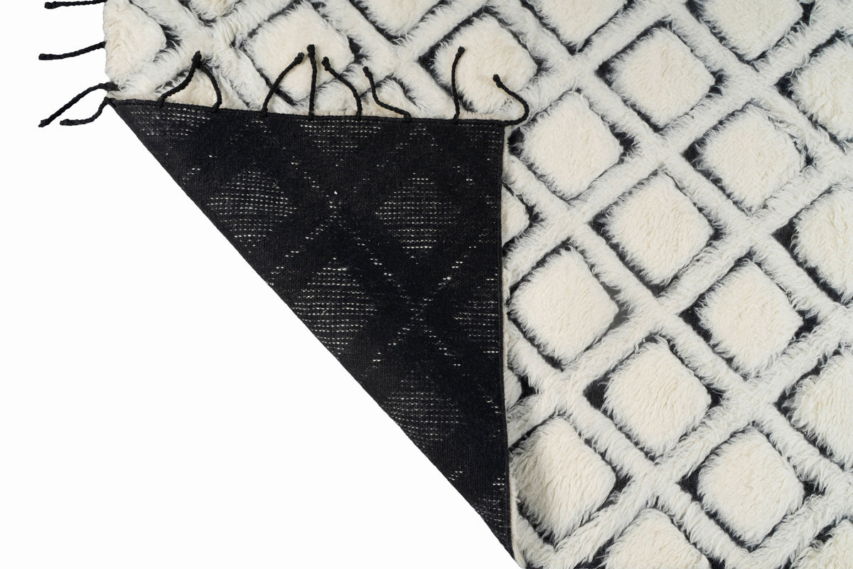 Hand Knotted Moroccan Wool Rug – Cream & Black Diamond Geometric Berber Rug, Plush Handmade Area Rug