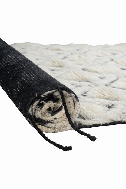 Hand Knotted Moroccan Wool Rug – Cream & Black Diamond Geometric Berber Rug, Plush Handmade Area Rug