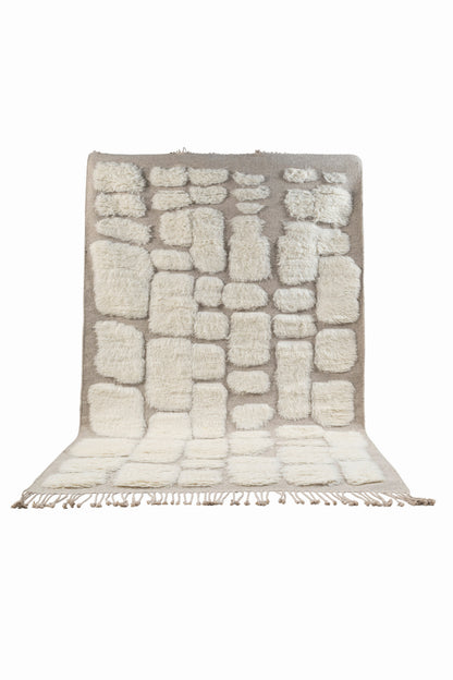 Handcrafted Moroccan Wool Rug – Ivory & Natural Beige Plush Geometric Design, Hand Knotted Luxury Area Rug
