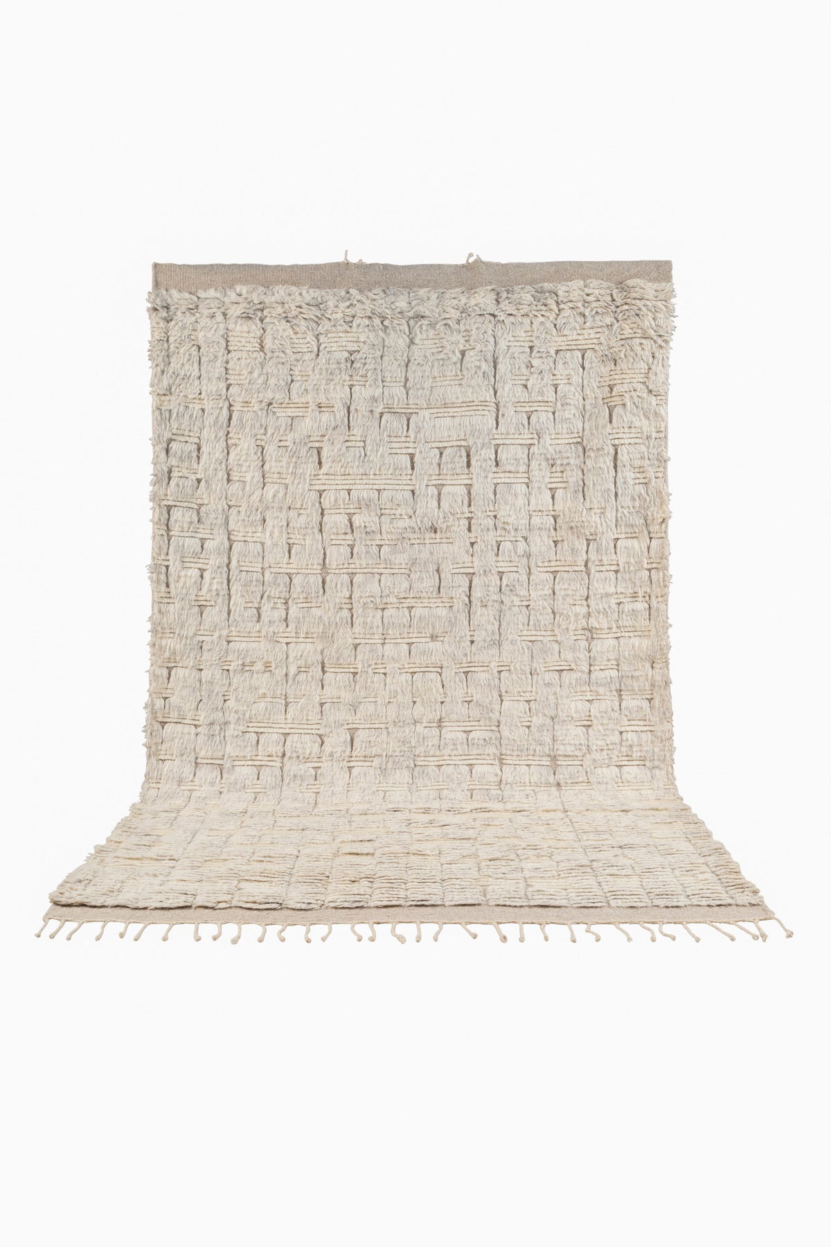 Hand Knotted Moroccan Wool Rug – Ivory Cream Textured Geometric Shaggy Area Rug