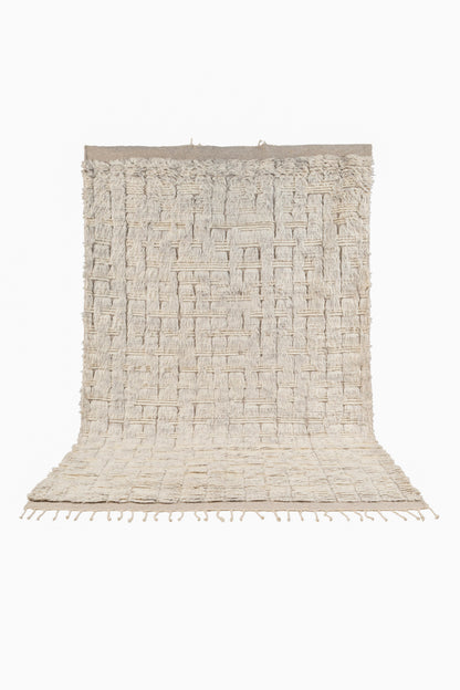 Hand Knotted Moroccan Wool Rug – Ivory Cream Textured Geometric Shaggy Area Rug