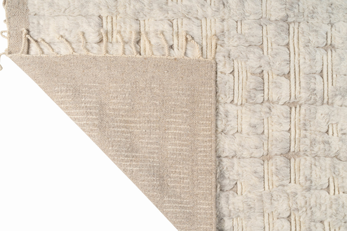 Hand Knotted Moroccan Wool Rug – Ivory Cream Textured Geometric Shaggy Area Rug