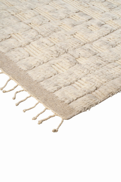 Hand Knotted Moroccan Wool Rug – Ivory Cream Textured Geometric Shaggy Area Rug