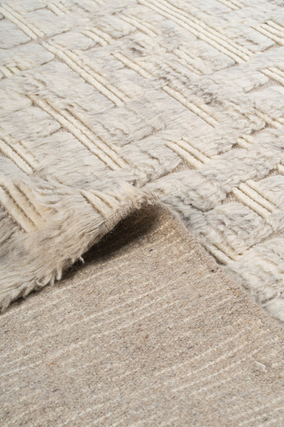 Hand Knotted Moroccan Wool Rug – Ivory Cream Textured Geometric Shaggy Area Rug