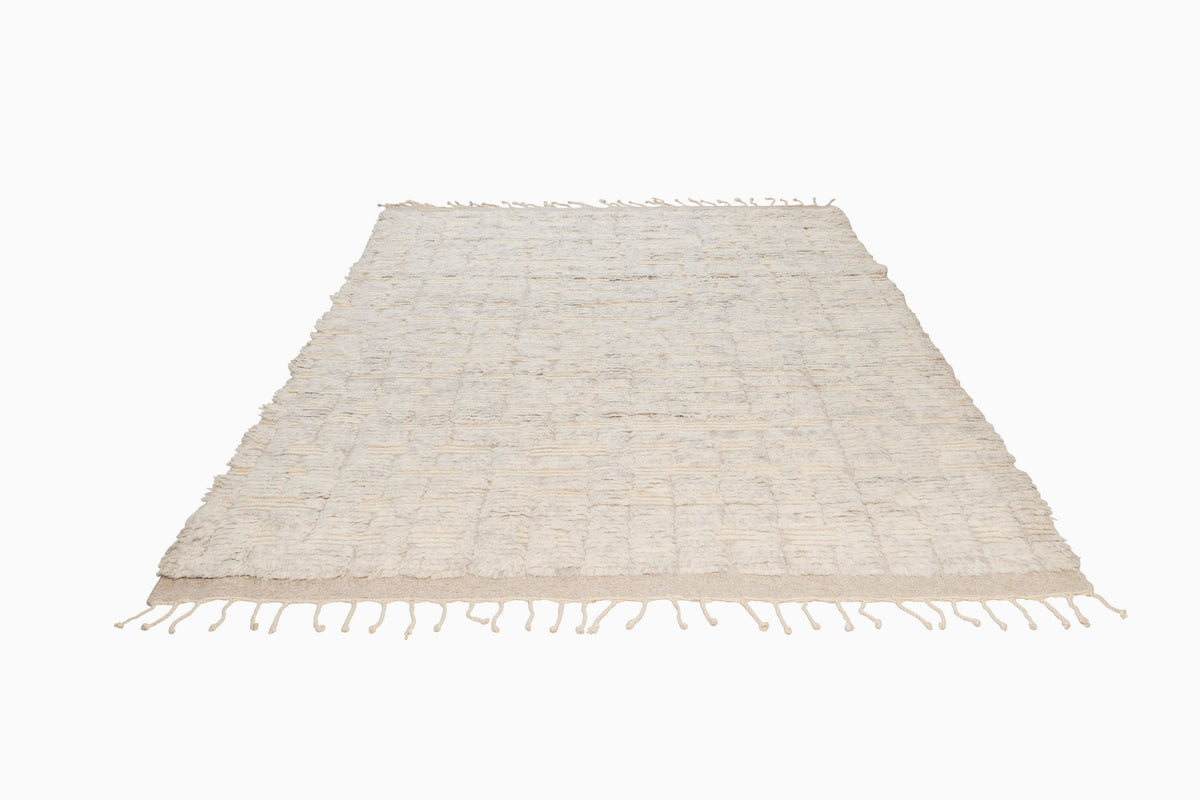 Hand Knotted Moroccan Wool Rug – Ivory Cream Textured Geometric Shaggy Area Rug