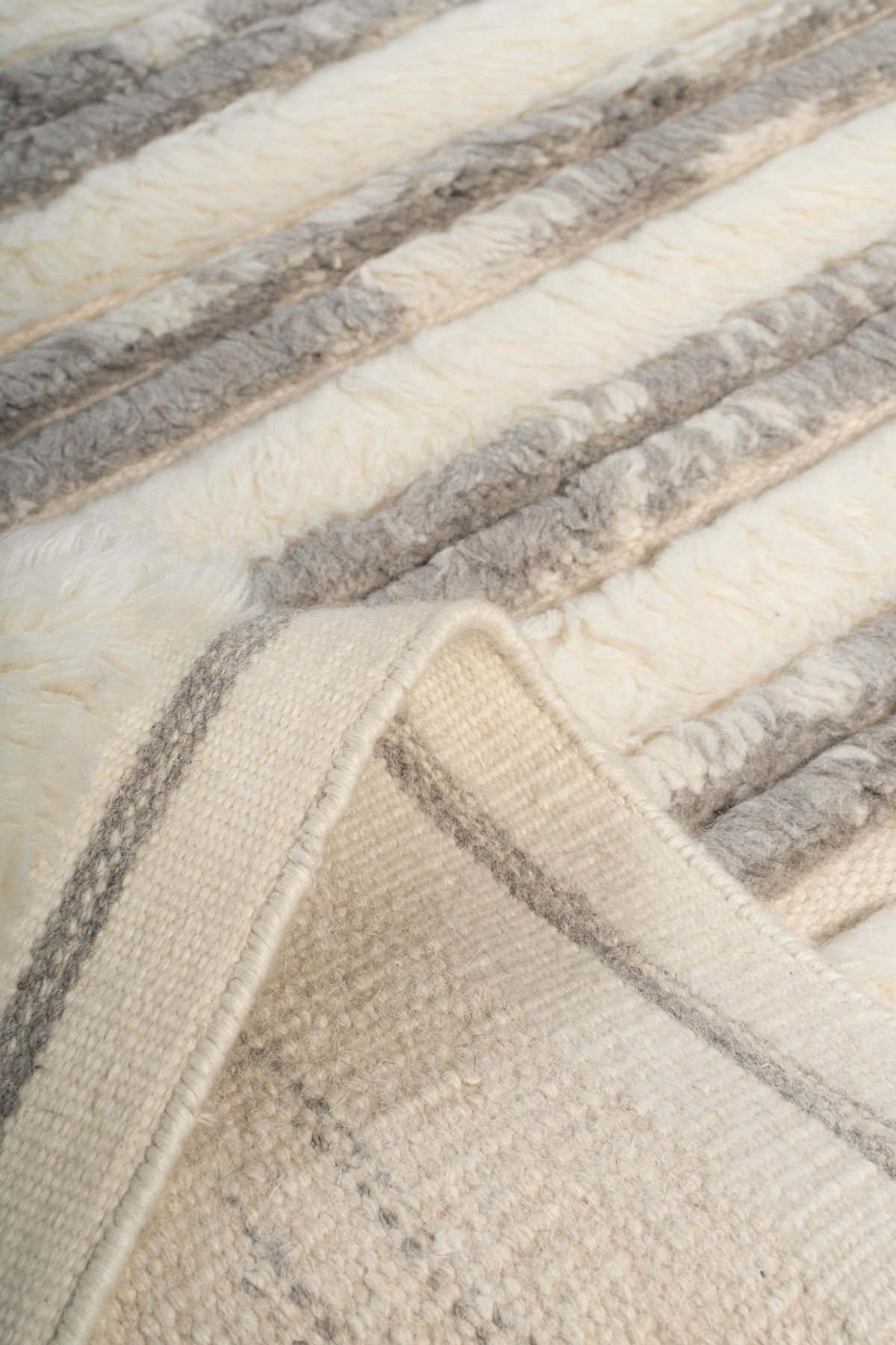 Hand Knotted Moroccan Wool Rug – Ivory & Grey Textured Striped Design