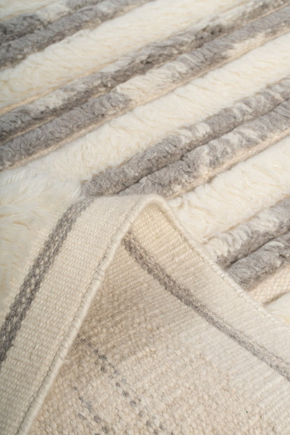 Hand Knotted Moroccan Wool Rug – Ivory & Grey Textured Striped Design