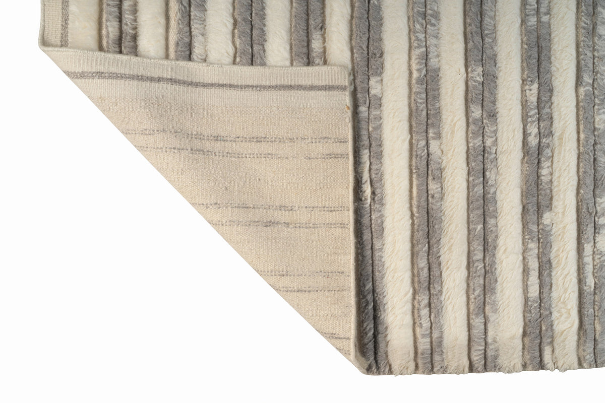 Hand Knotted Moroccan Wool Rug – Ivory & Grey Textured Striped Design