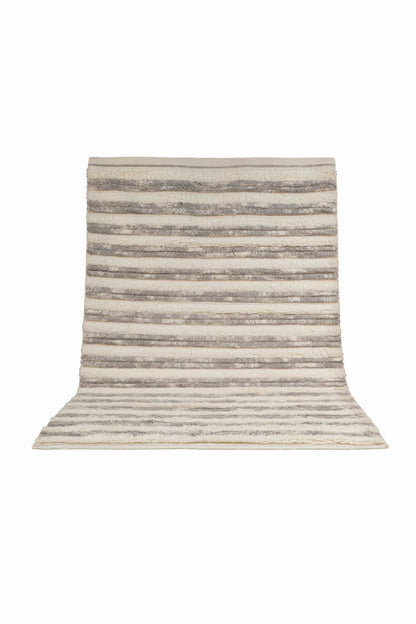 Hand Knotted Moroccan Wool Rug – Ivory & Grey Textured Striped Design