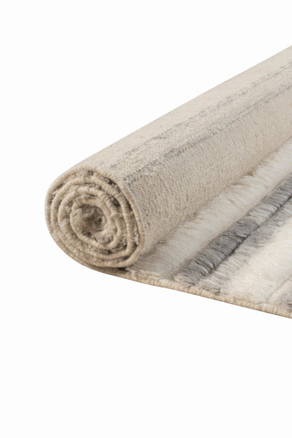 Hand Knotted Moroccan Wool Rug – Ivory & Grey Textured Striped Design