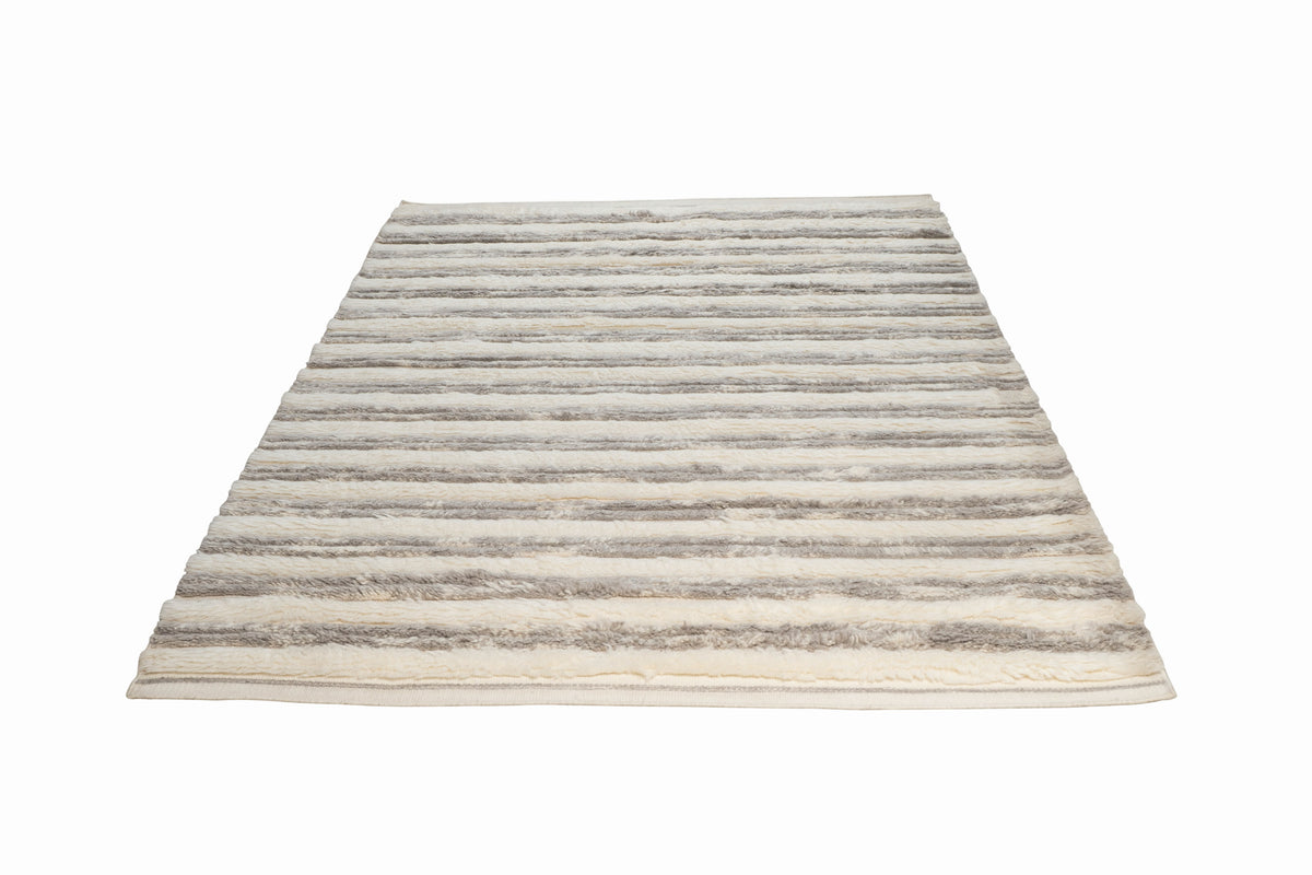 Hand Knotted Moroccan Wool Rug – Ivory & Grey Textured Striped Design