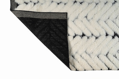 Hand Knotted Moroccan Wool Rug – Ivory & Black Chevron Pattern | Luxury High Pile Rug