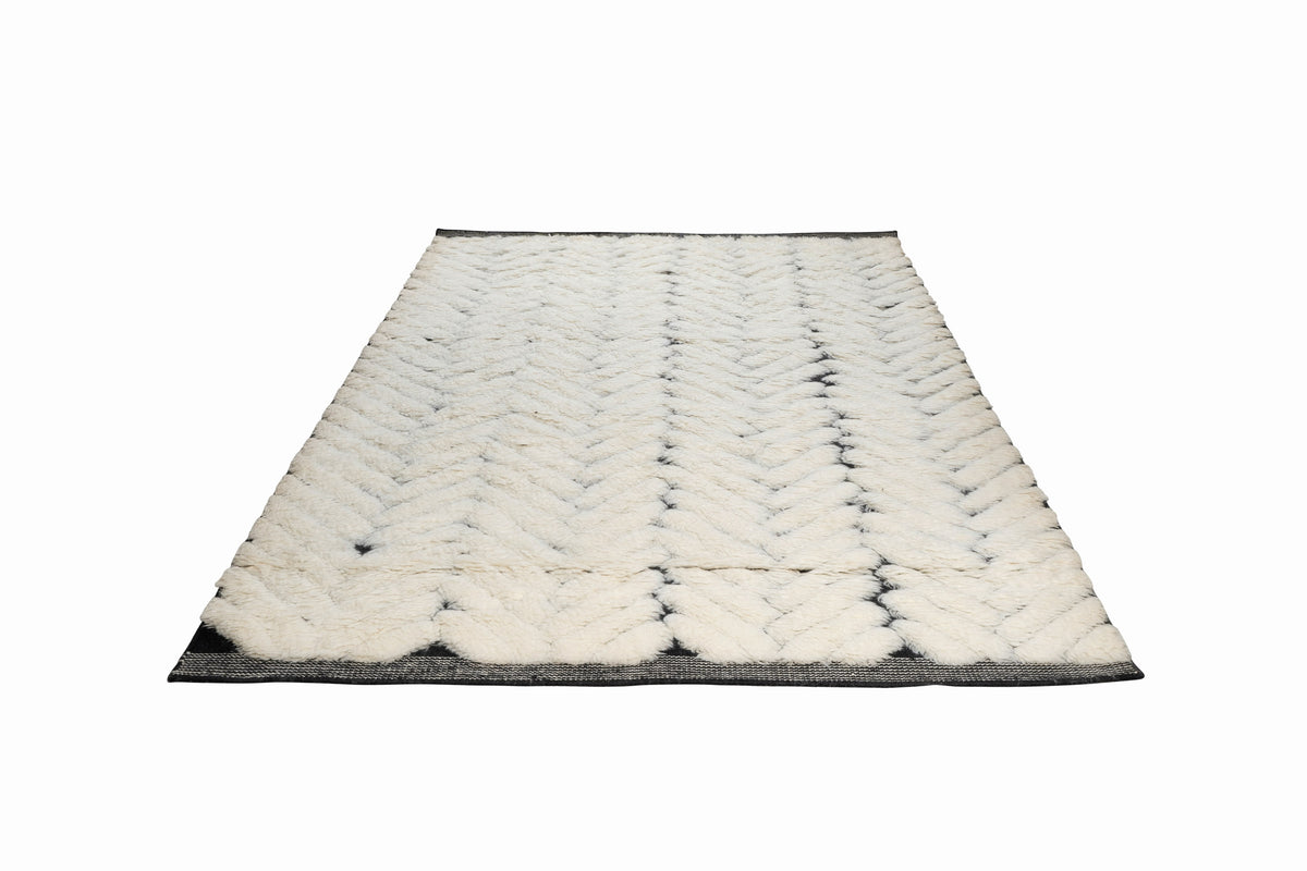 Hand Knotted Moroccan Wool Rug – Ivory & Black Chevron Pattern | Luxury High Pile Rug
