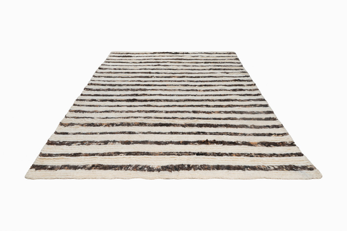 Moroccan Brown & Ivory Wool Rug – 100% New Zealand Wool | Handwoven Striped Textured Area Rug