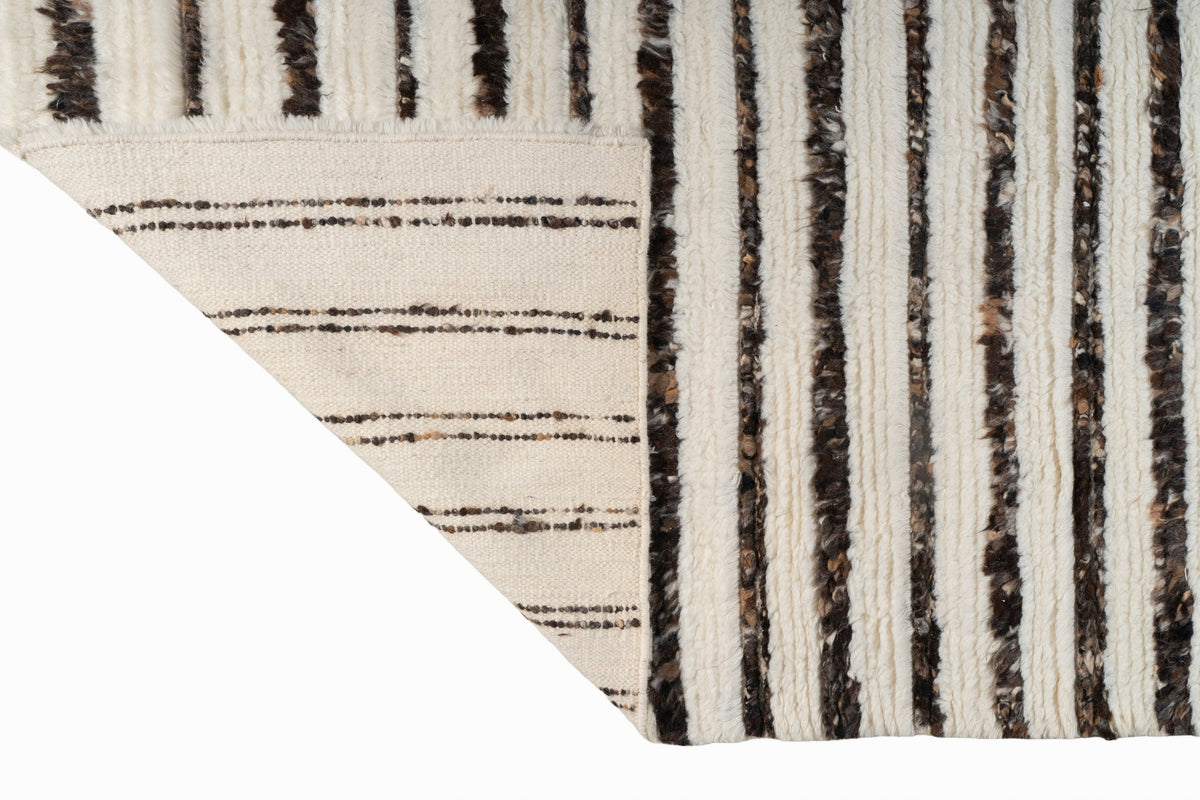 Moroccan Brown & Ivory Wool Rug – 100% New Zealand Wool | Handwoven Striped Textured Area Rug