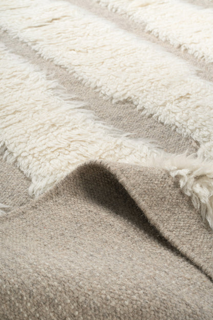 Moroccan Ivory & Beige Wool Rug – Textured Handwoven Area Rug with Fringe | Luxury Moroccan Rug