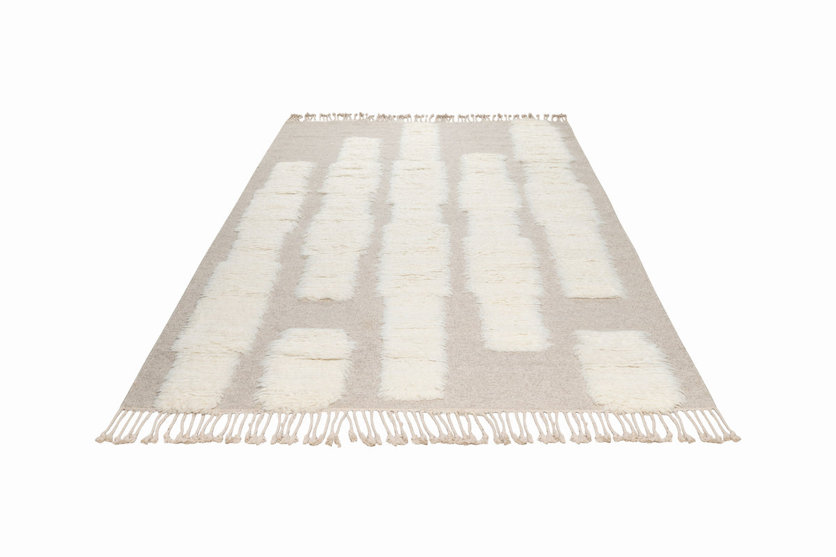 Moroccan Ivory & Beige Wool Rug – Textured Handwoven Area Rug with Fringe | Luxury Moroccan Rug