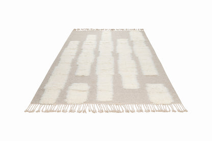 Moroccan Ivory & Beige Wool Rug – Textured Handwoven Area Rug with Fringe | Luxury Moroccan Rug