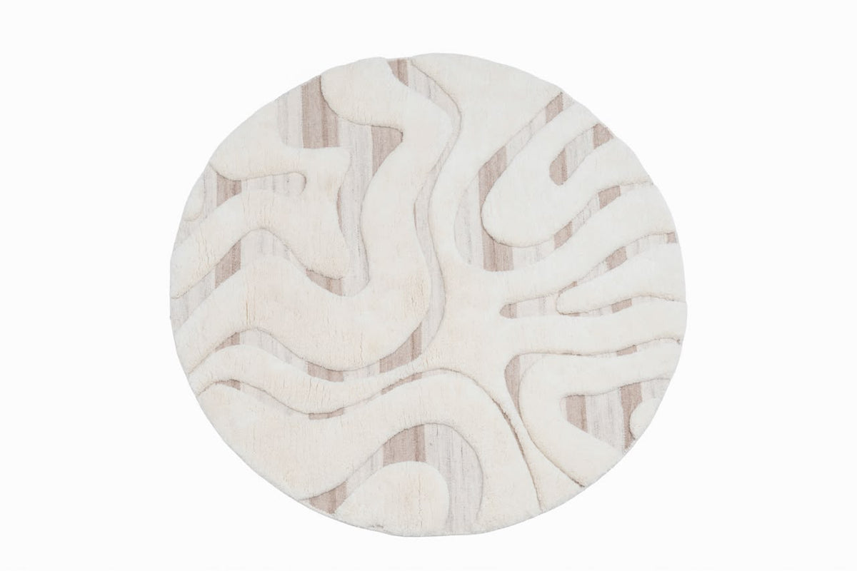Hand Tufted Round Abstract Rug – Cream & Beige Organic Wave Pattern Wool Rug for Living Room, Bedroom & Modern Home Décor | 3 × 3 Feet