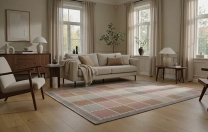 Handwoven Scandinavian Geometric Area Rug, Dusty Pink Taupe Grey Wool Carpet